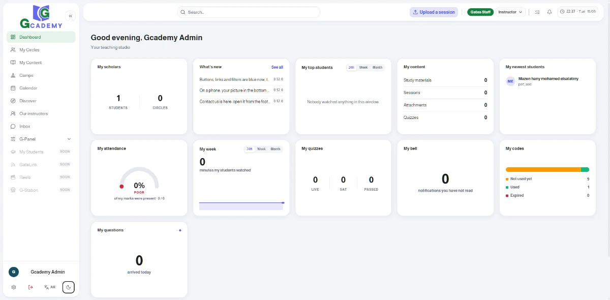 The Gcademy student dashboard
